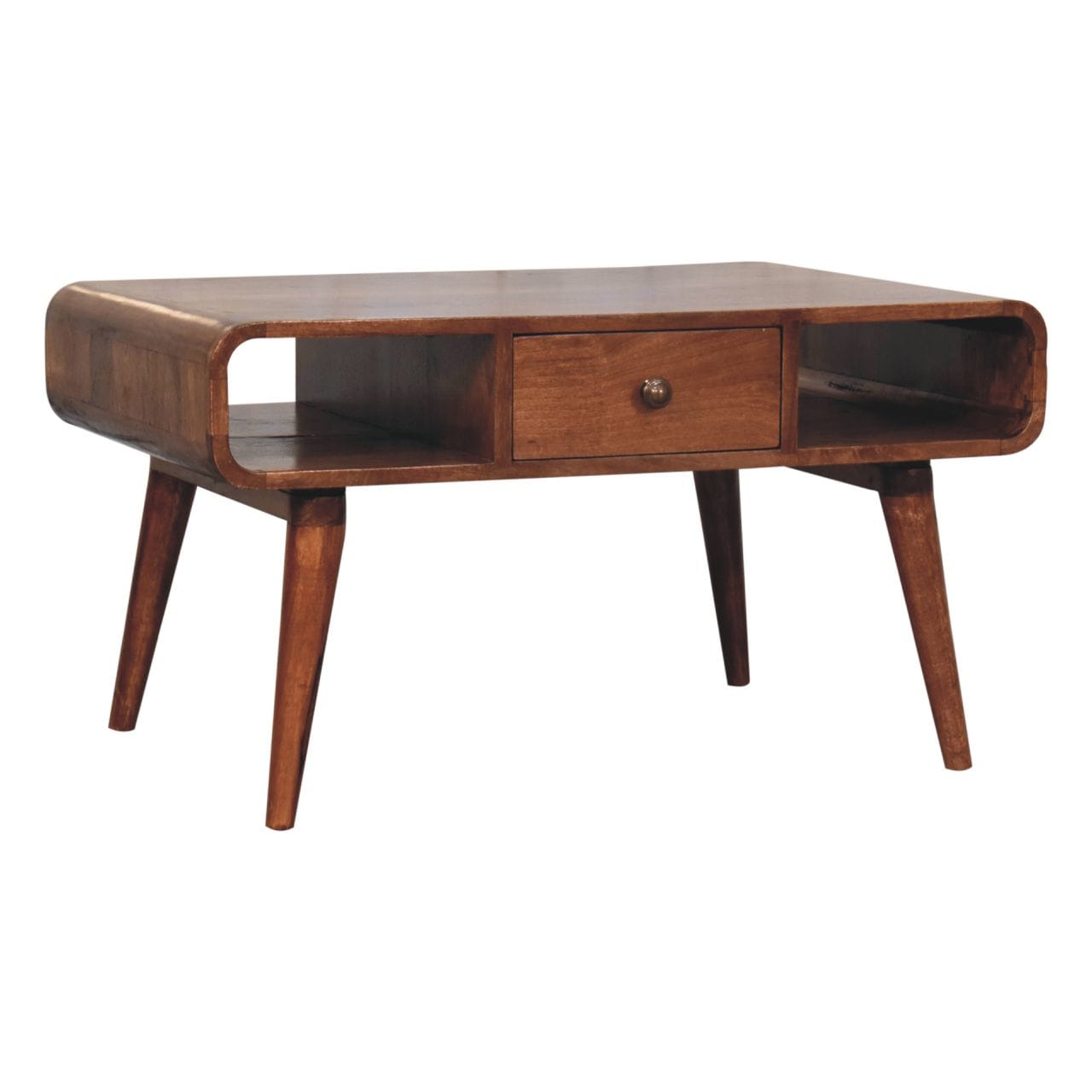 HeartwoodCo Curved Honey Caramel Coffee Table – Mid Century Living Room Accent Table