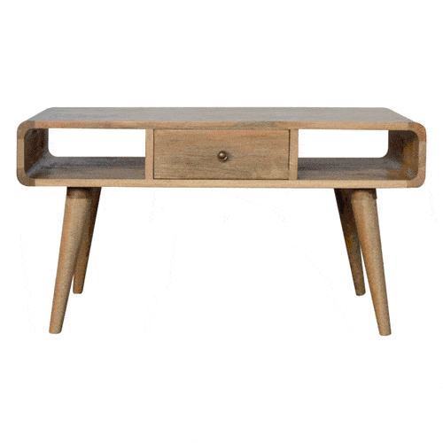 HeartwoodCo Curved Oak Ish Coffee Table – Mid Century Living Room Accent Table