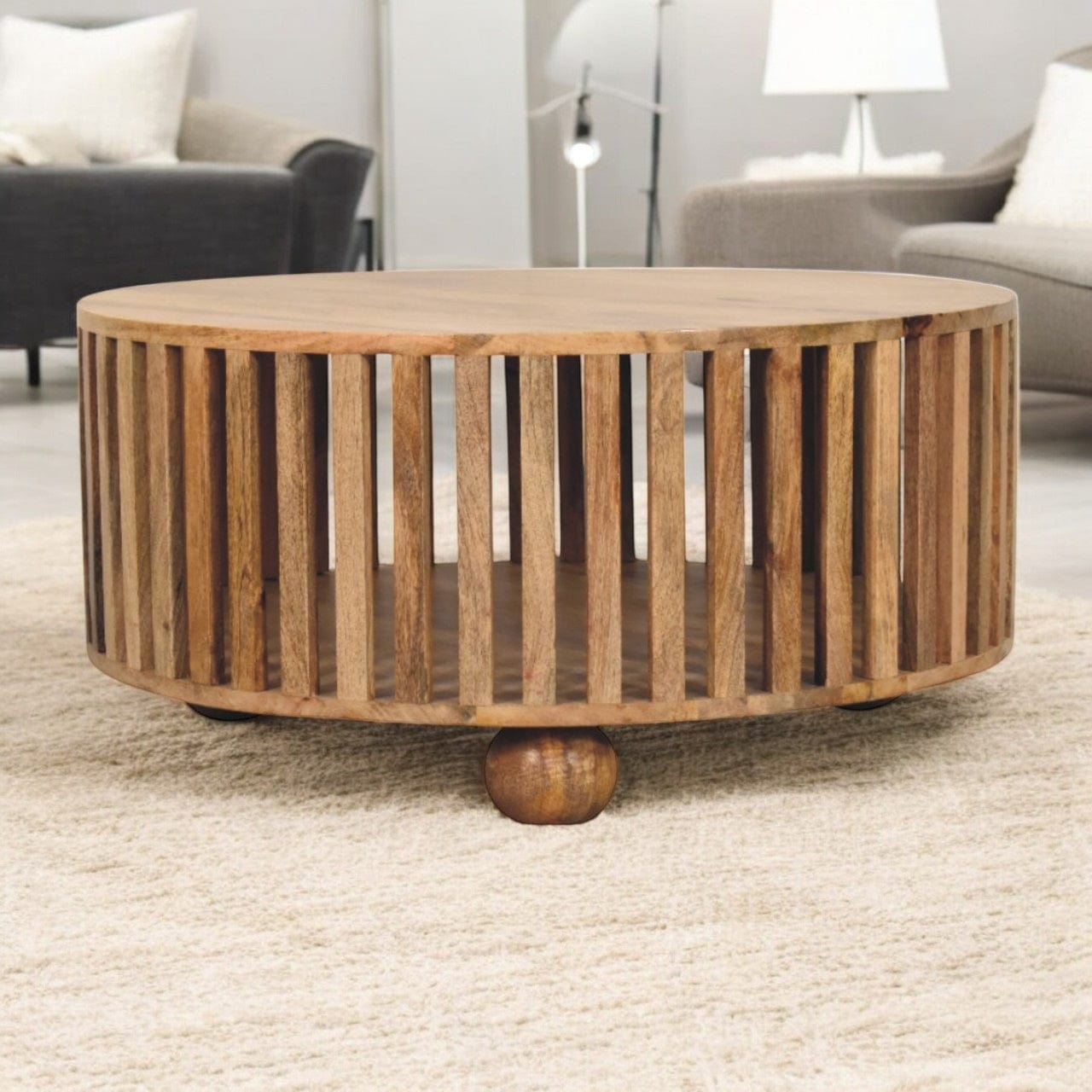 HeartwoodCo Slatted Round Oak Ish Coffee Table – Mid Century Living Room Accent Table