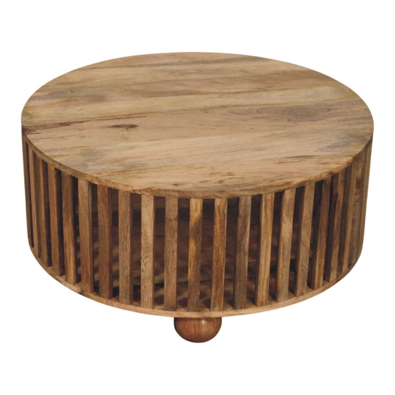 HeartwoodCo Slatted Round Oak Ish Coffee Table – Mid Century Living Room Accent Table