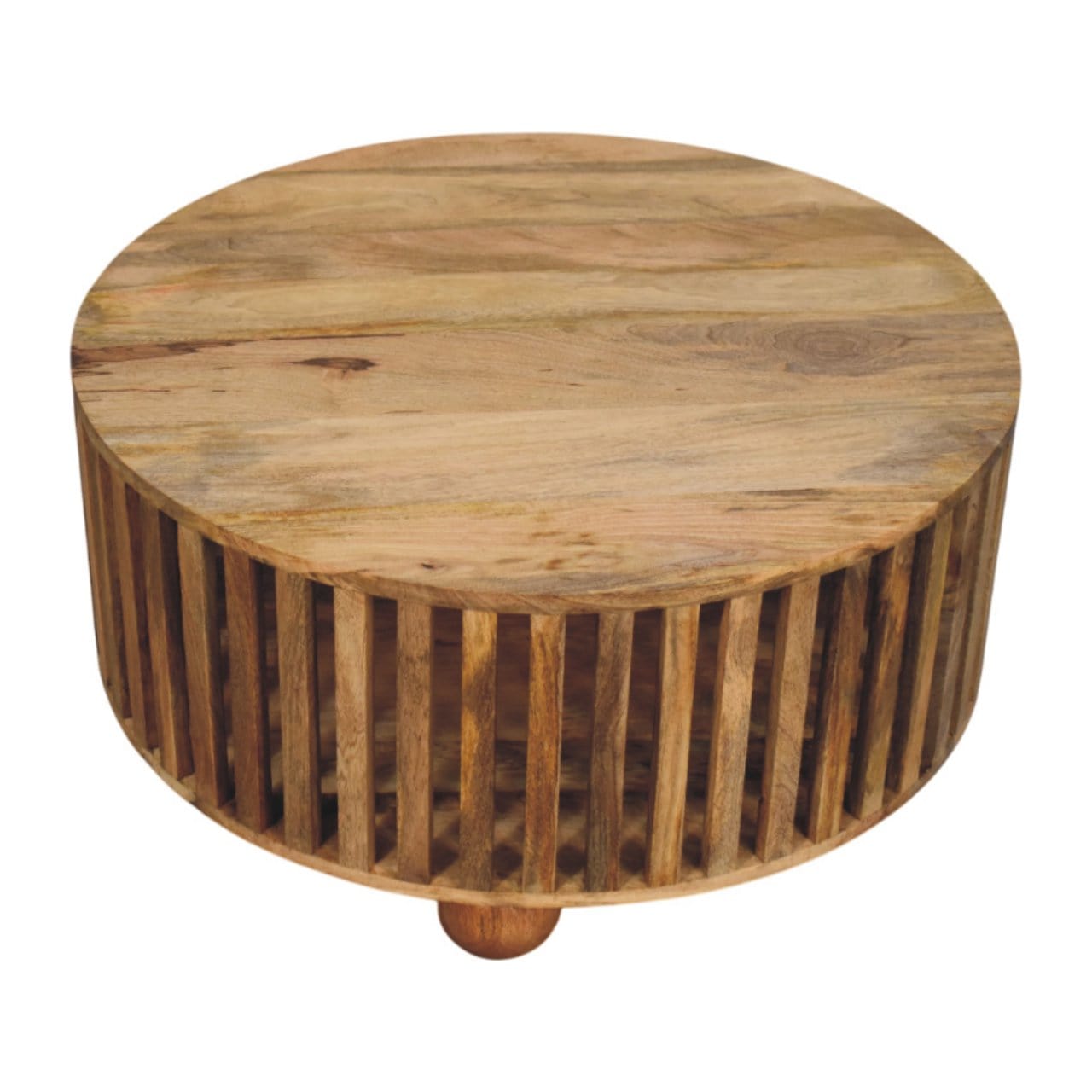 HeartwoodCo Slatted Round Oak Ish Coffee Table – Mid Century Living Room Accent Table