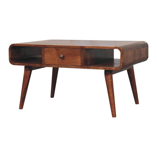 HeartwoodCo Curved Honey Caramel Coffee Table – Mid Century Living Room Accent Table