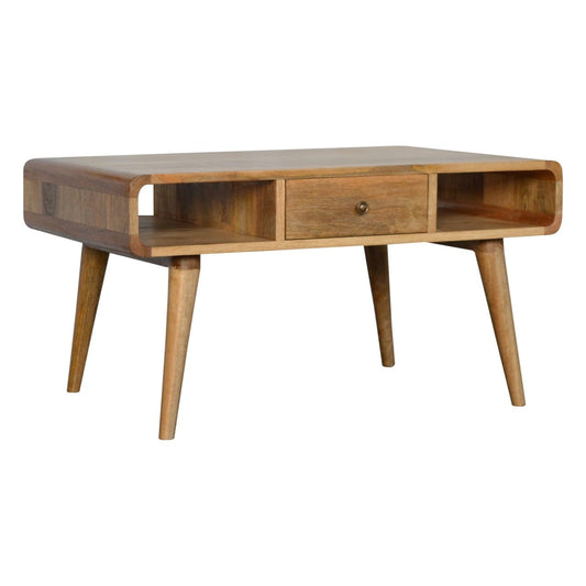 HeartwoodCo Curved Oak Ish Coffee Table – Mid Century Living Room Accent Table