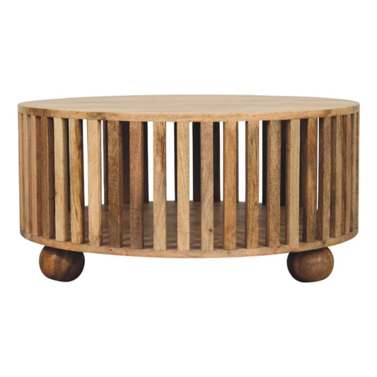 HeartwoodCo Slatted Round Oak Ish Coffee Table – Mid Century Living Room Accent Table