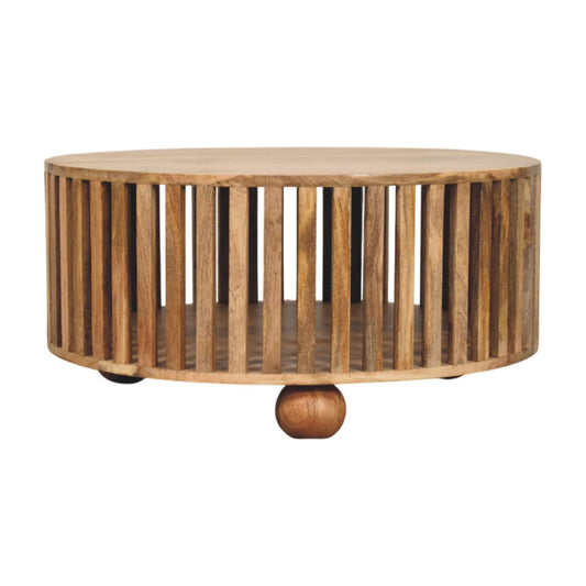 HeartwoodCo Slatted Round Oak Ish Coffee Table – Mid Century Living Room Accent Table