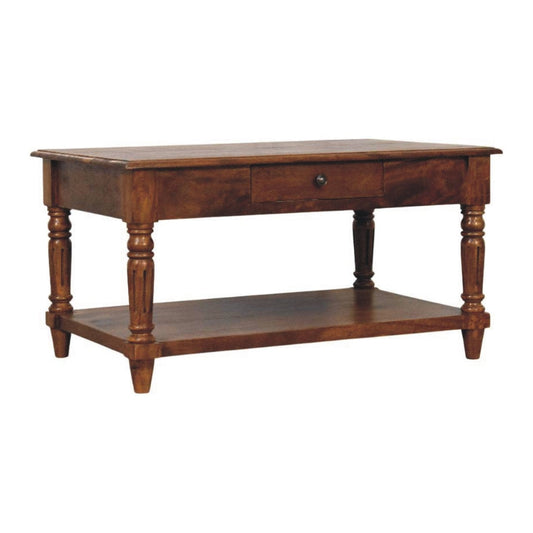 HeartwoodCo Turned Legs Chestnut 2 Drawer Coffee Table – Mid Century Living Room Accent Table