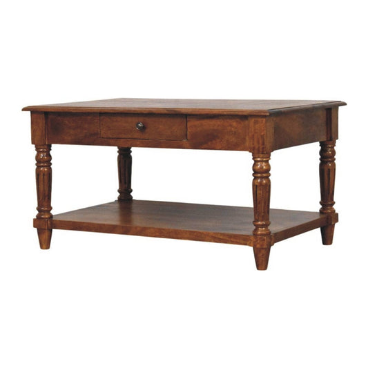 HeartwoodCo Turned Legs Chestnut 2 Drawer Coffee Table – Mid Century Living Room Accent Table